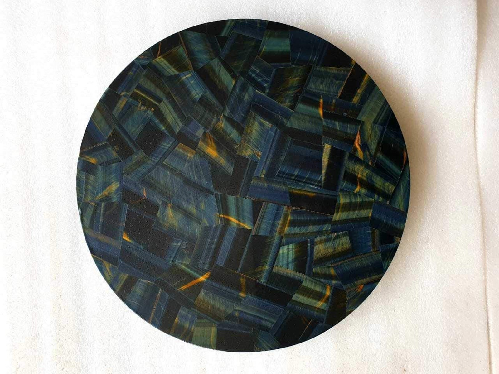 Blue Tiger Eye Stone Overlay Work Coffee Table Top Round Marble Entryway Table