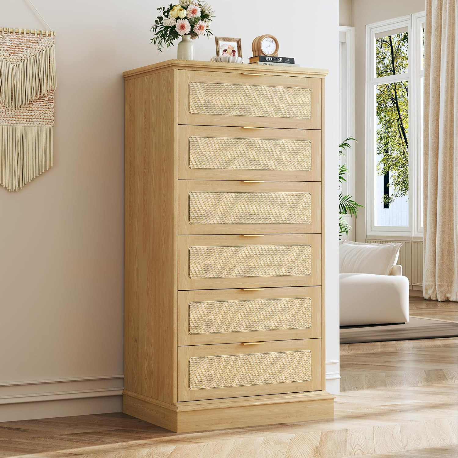 HUAHUU 6 Drawer Dresser for Bedroom, 50 Inch Tall Dressers & Rattan Chest of Dra