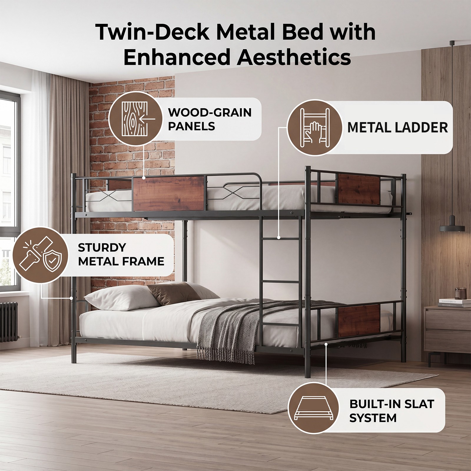 Full Over Full Bunk Bed Anti-Tip Device Stable Structure Heavy Weight Capacity