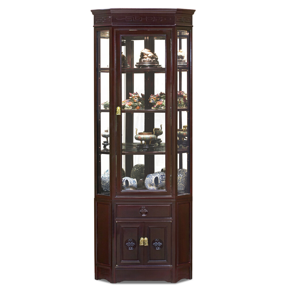 US SELLER – Dark Cherry Rosewood Chinese Longevity Corner Display Cabinet
