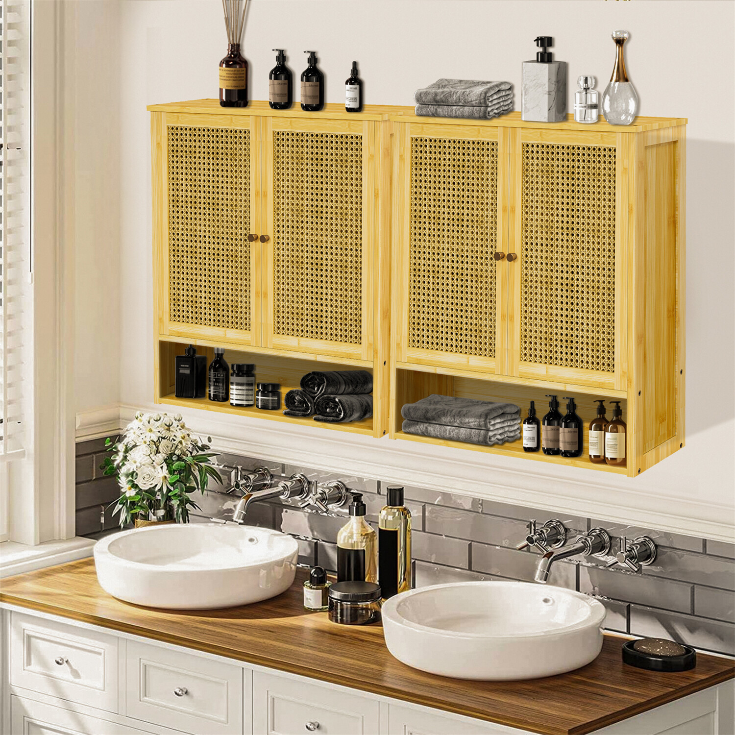 Bathroom Cabinet Wall Mounted, Bamboo Over-The-Toilet Storage Organizer 2 Door