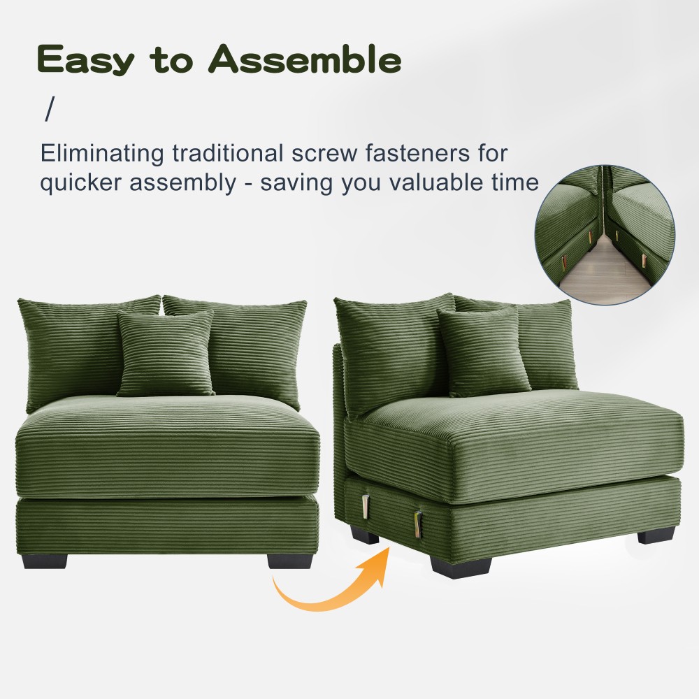Oversized Corduroy L-Shape Sectional Sofa w/ Ottoman & Pillows, Deep Seat, Green