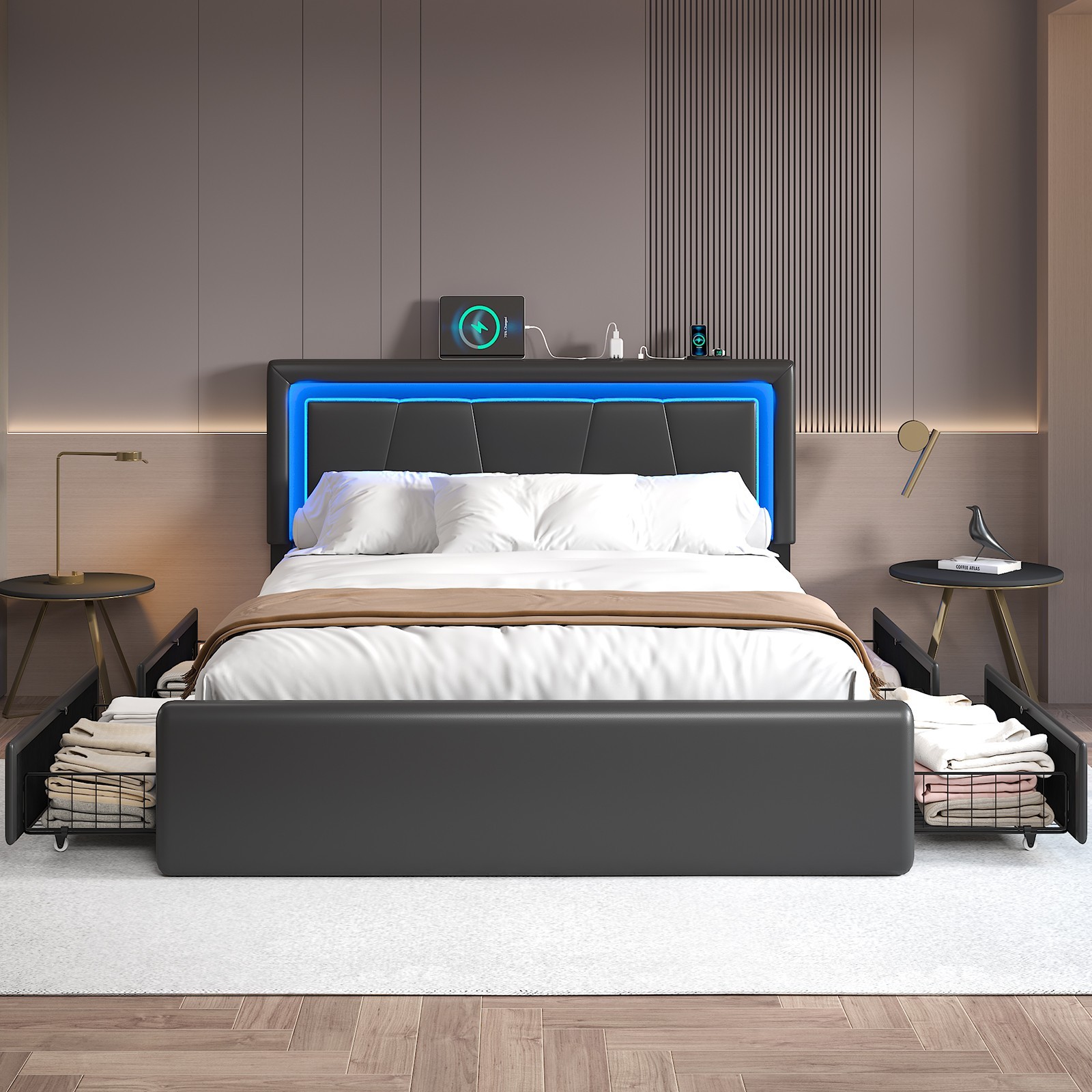 Twin/Full/Queen Bed Frame with Upholstered Headboard and 4 Storage drawers, LED.