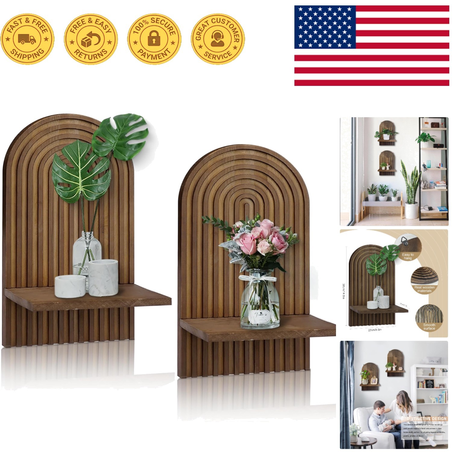 Elegant 2-Piece Boho Wall Shelves – Vintage Wooden Decor 15 x 8.6 Inches