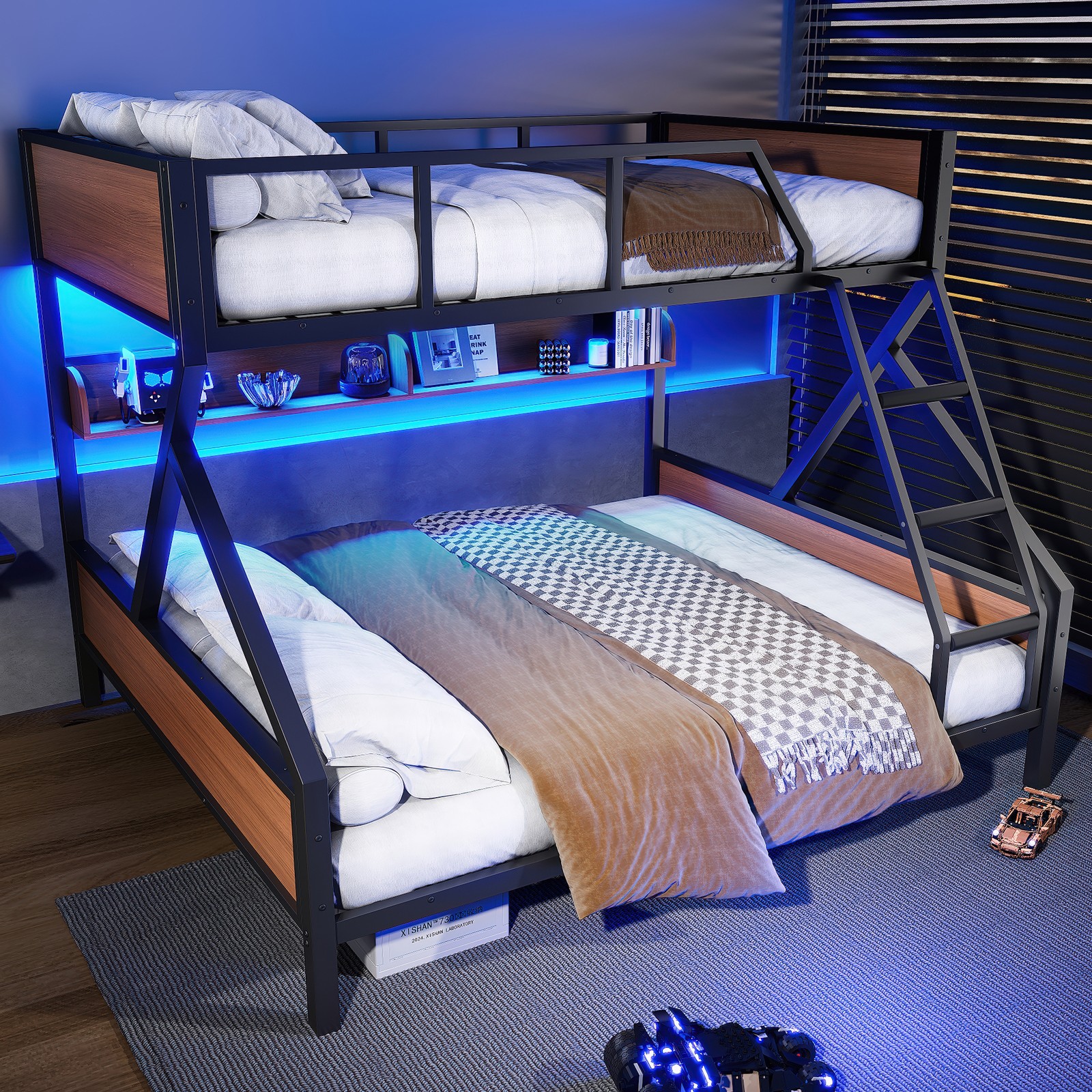 Queen over King Bunk Bed, Metal Bunk Bed with Storage Shelves and Lights Black