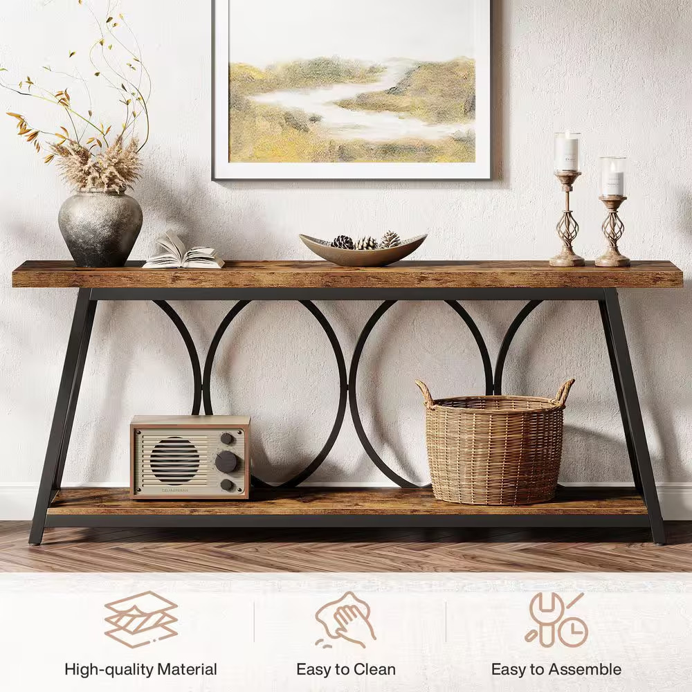 70.87 In. Brown Rectangle Wood Console Table with Metal Base and Shelf