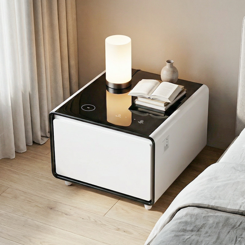 Modern Smart Coffee Side Table with Built-in Fridge Power Socket Induction Light