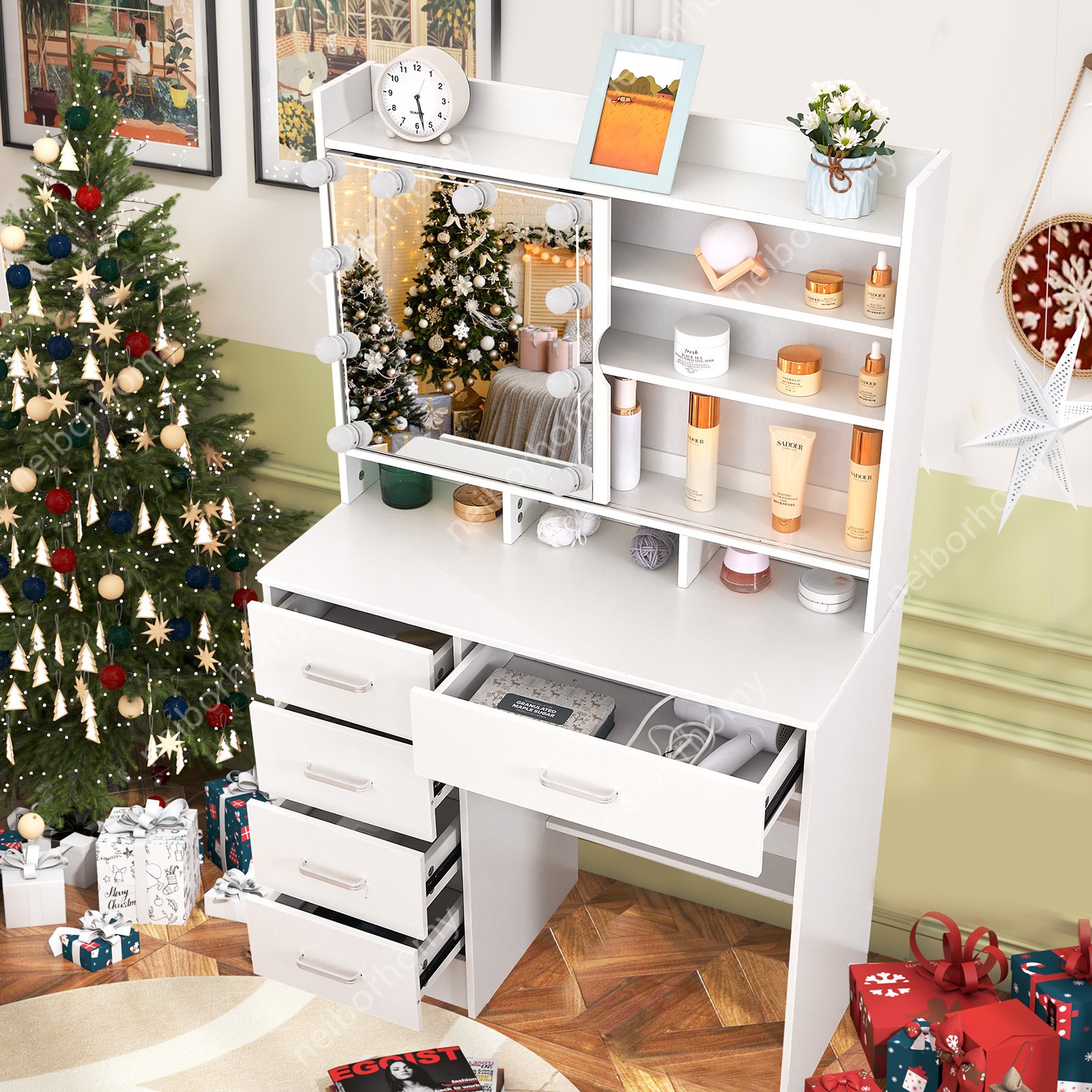 Vanity Makeup Desk with LED Lighted Mirror and 5 Drawers Dressing Table White