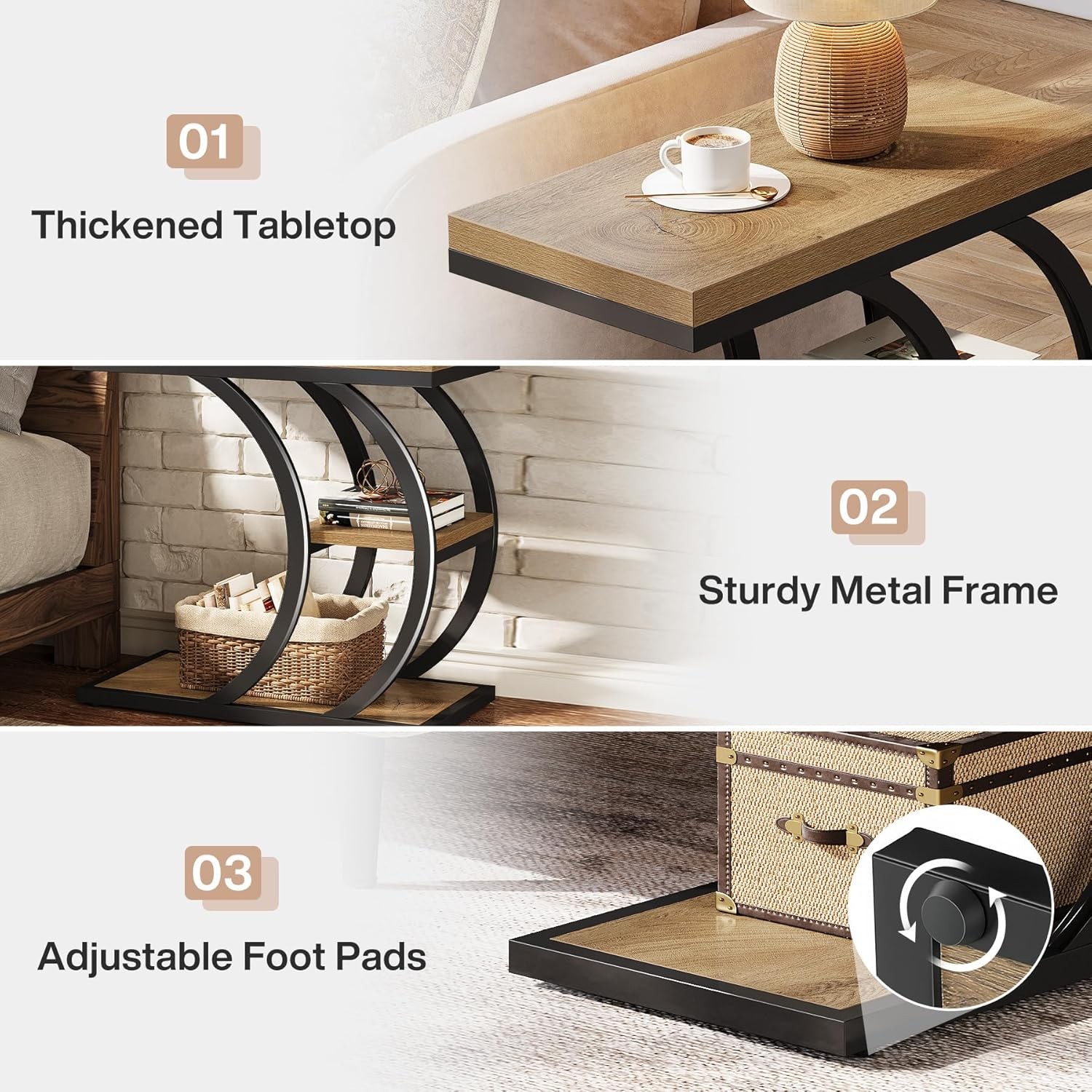 3-Tier C-Shaped End Table Industrial Narrow Wood Couch Side Table for LivingRoom