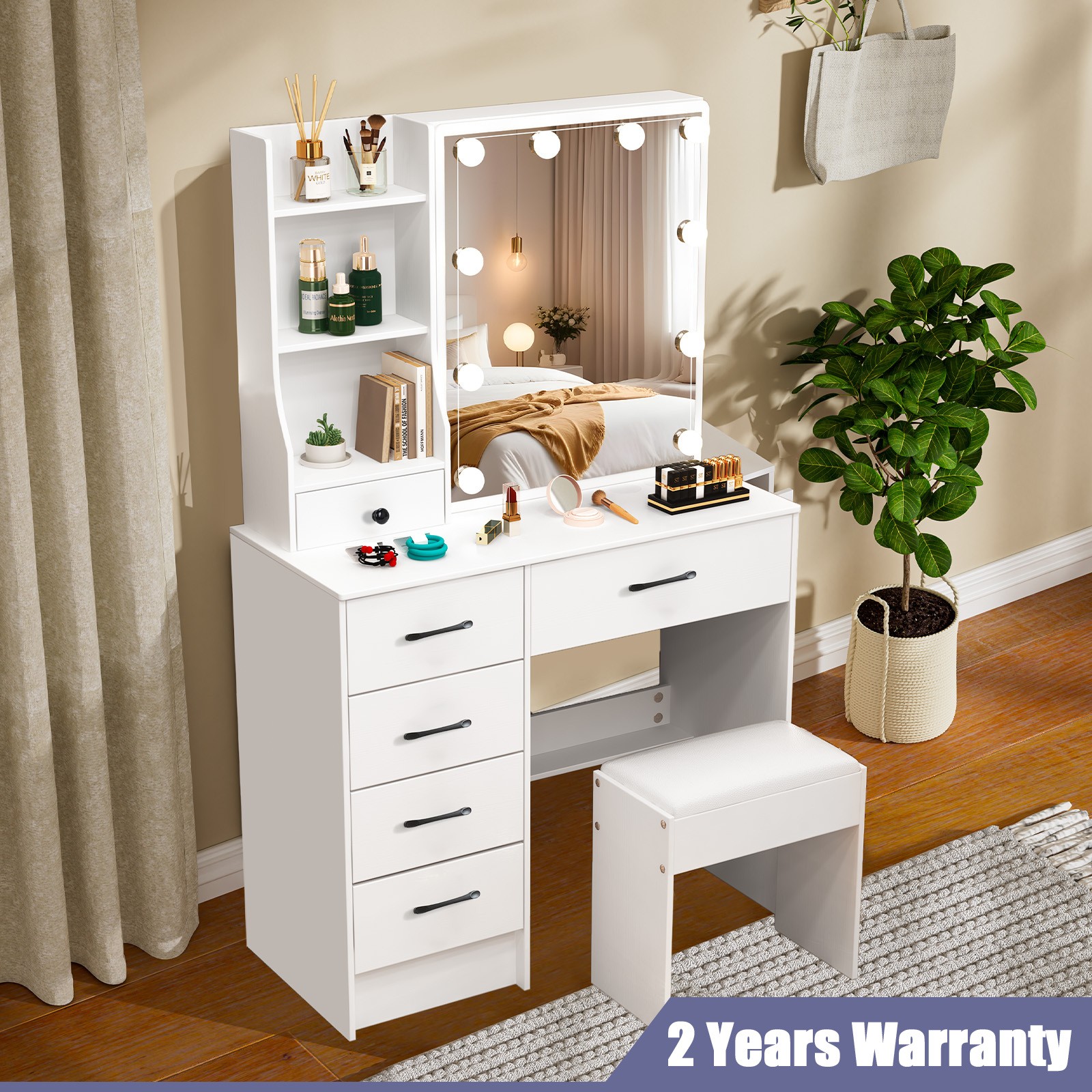 Dressing Table Stool Set 10 LED Lighted Mirror & 6 Drawers Makeup Vanity Desk