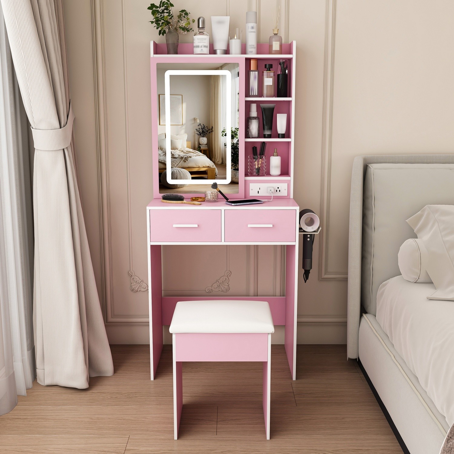 Small Pink Makeup Vanity Desk w/ Mirror & Adjustable LED Lights & Hidden Storage