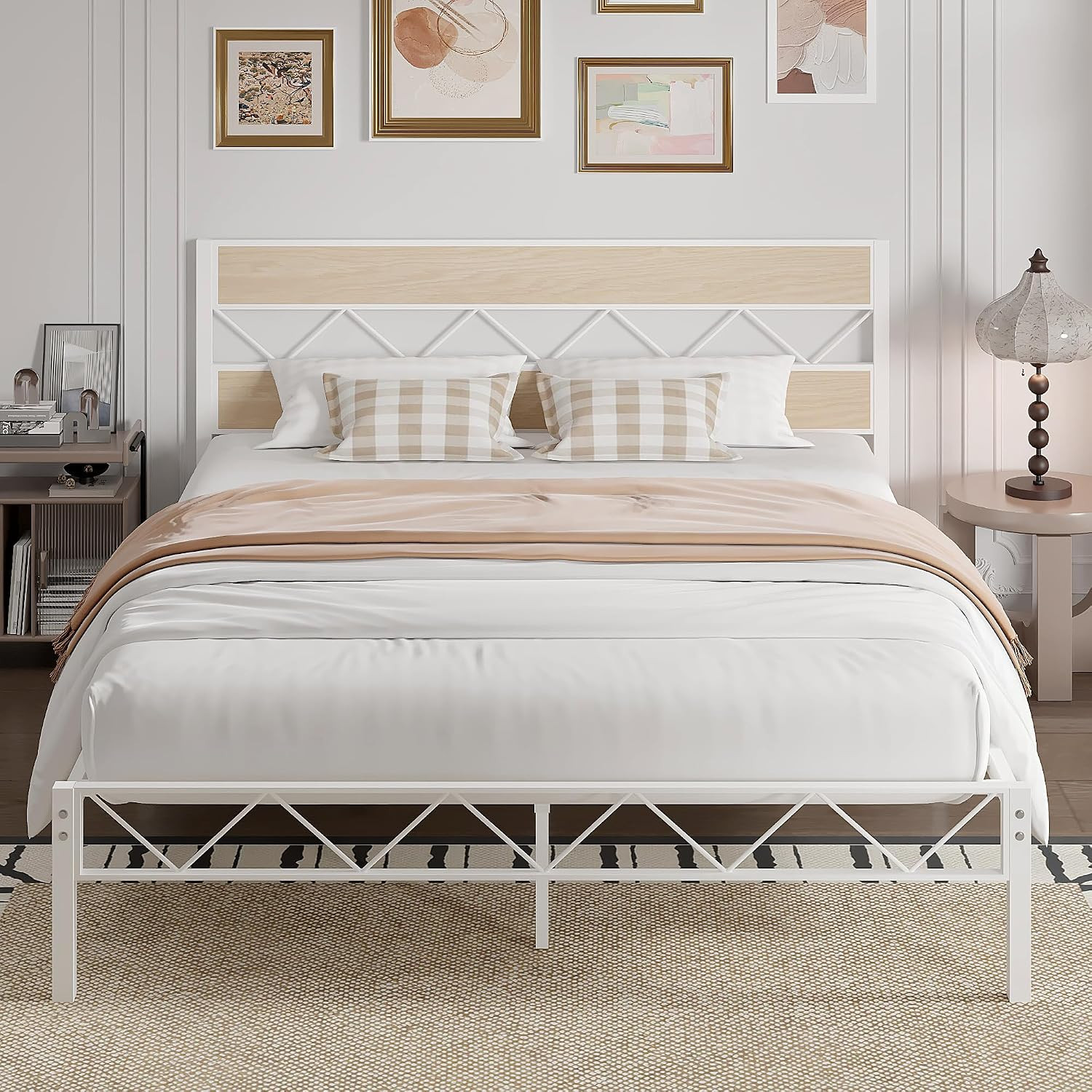 Queen Size Bed Frame, Heavy Duty Metal Platform Bedframe with Wood Finish Headbo