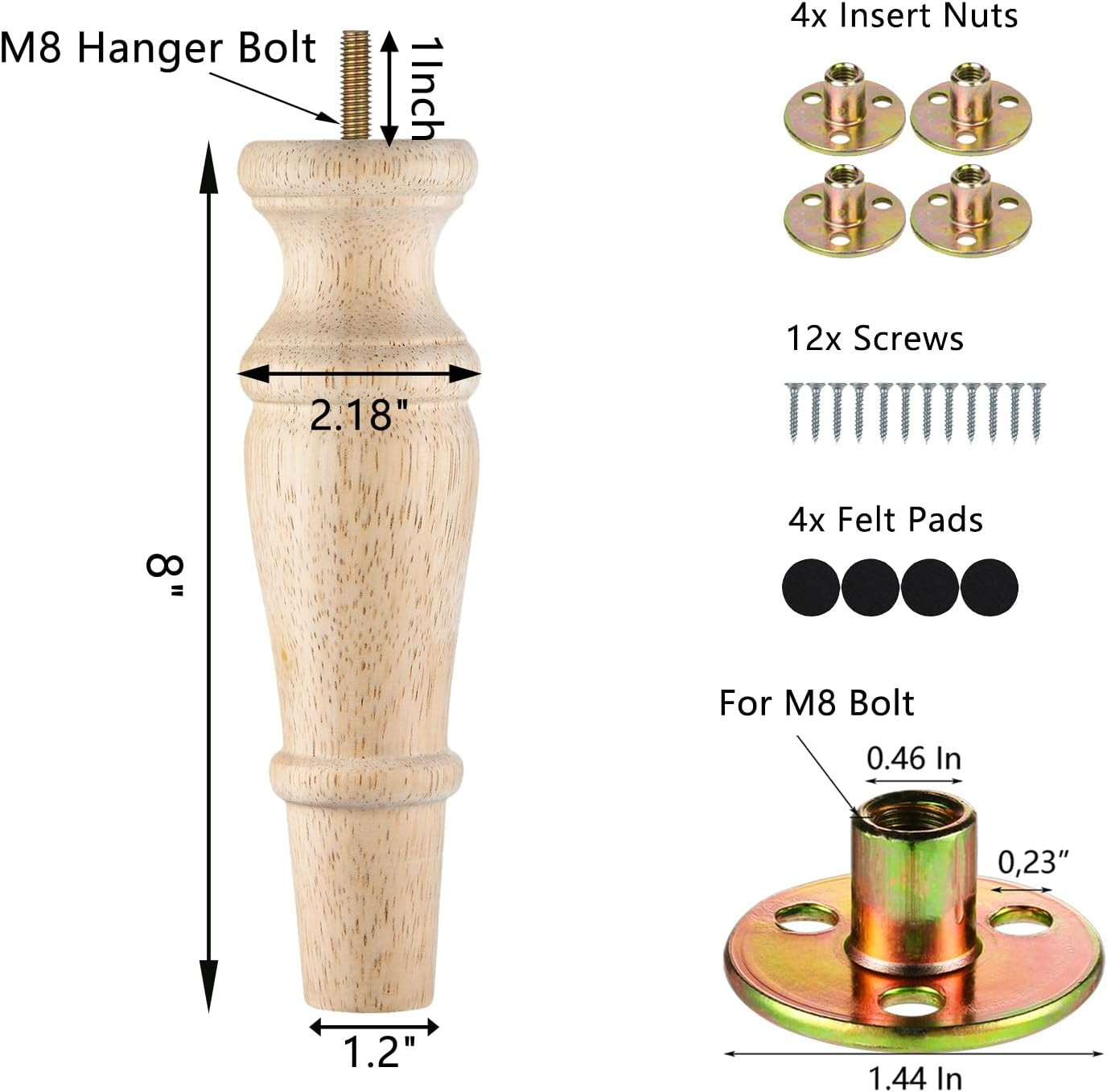 Wooden Furniture Legs 8 Inch Set of 4 Unfinished Replacement Parts for Couch Sof