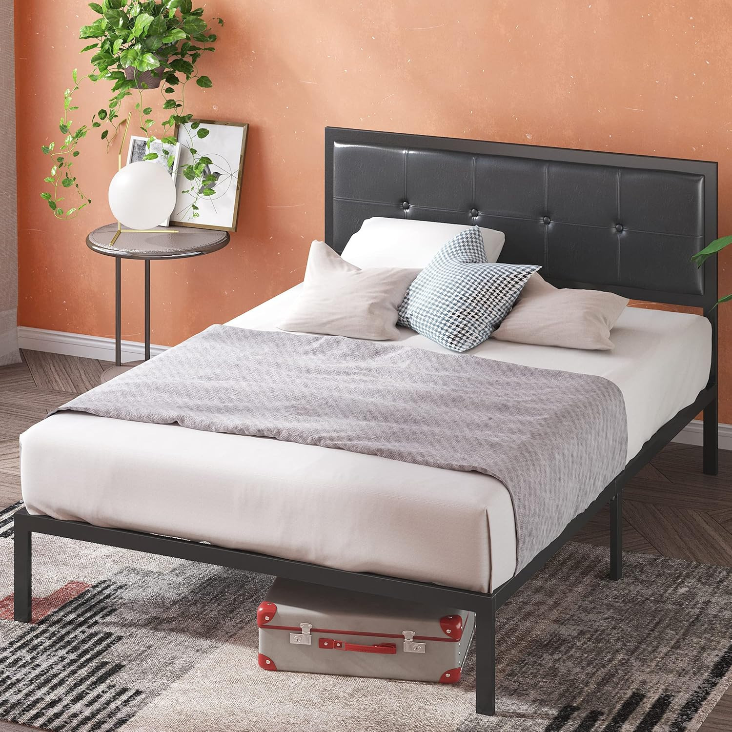 Cherie Full Metal Platform Bed Frame with Faux Leather Headboard, Easy Assembly