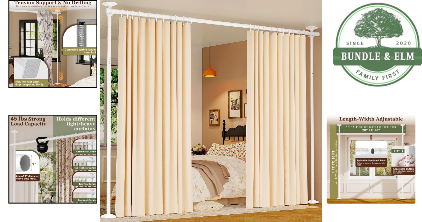 Adjustable Room Divider with Tension Rods for Privacy – No Drilling Required