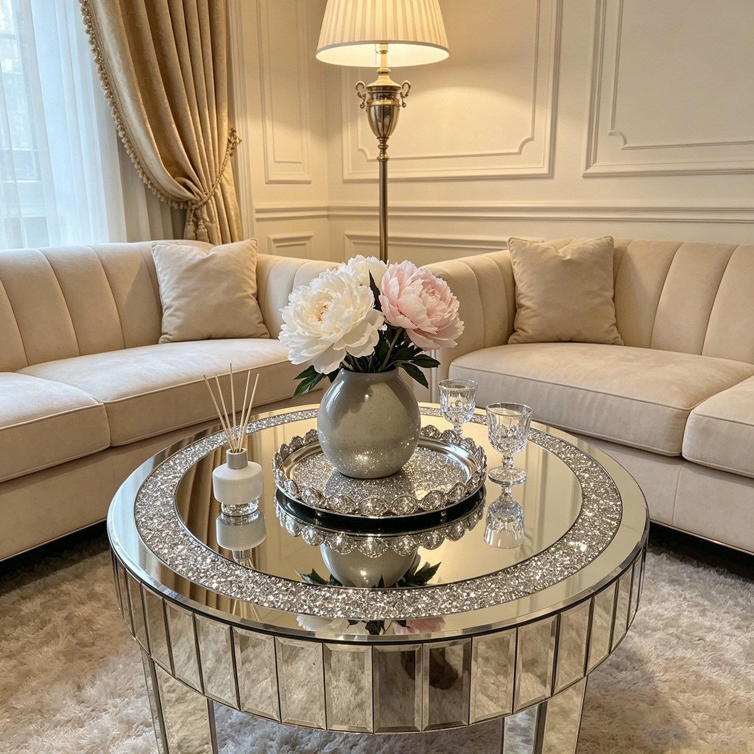 24″/32″ Glam Round Mirrored Coffee Table Crystal Diamond Inlay Sofa Accent Table