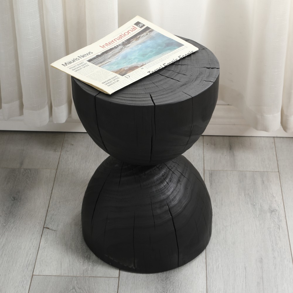 Solid Mango Wood Side End Table in Black, Round Contemporary Wooden Accent Table
