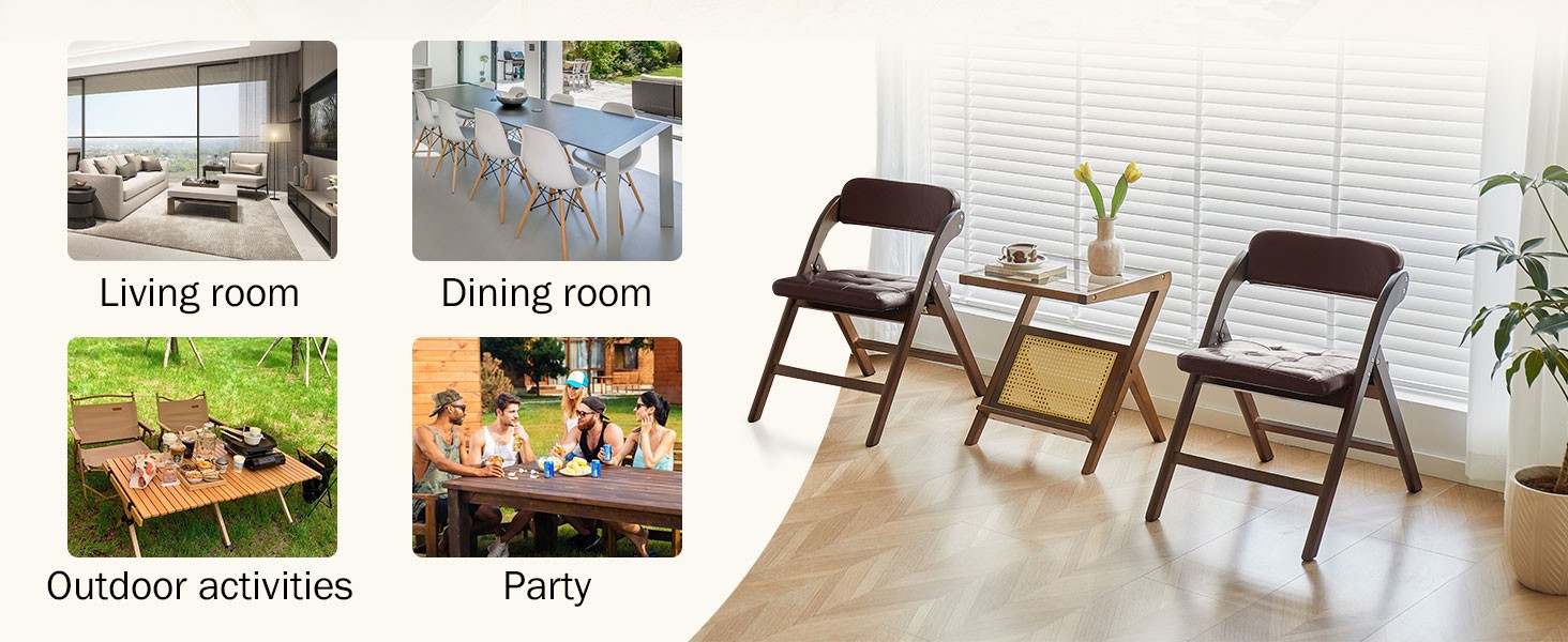 Wood Folding Chairs Set of 2, Upholstered Foldable Dining Chairs with Padded
