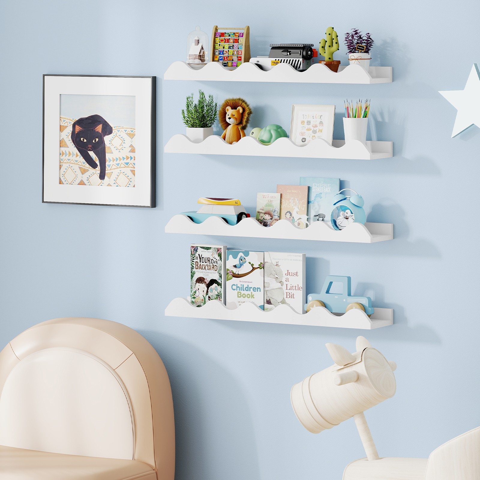 Kids Bookshelf Set of 4 with Fir Wood Structure & Wavy Anti-Falling Edge