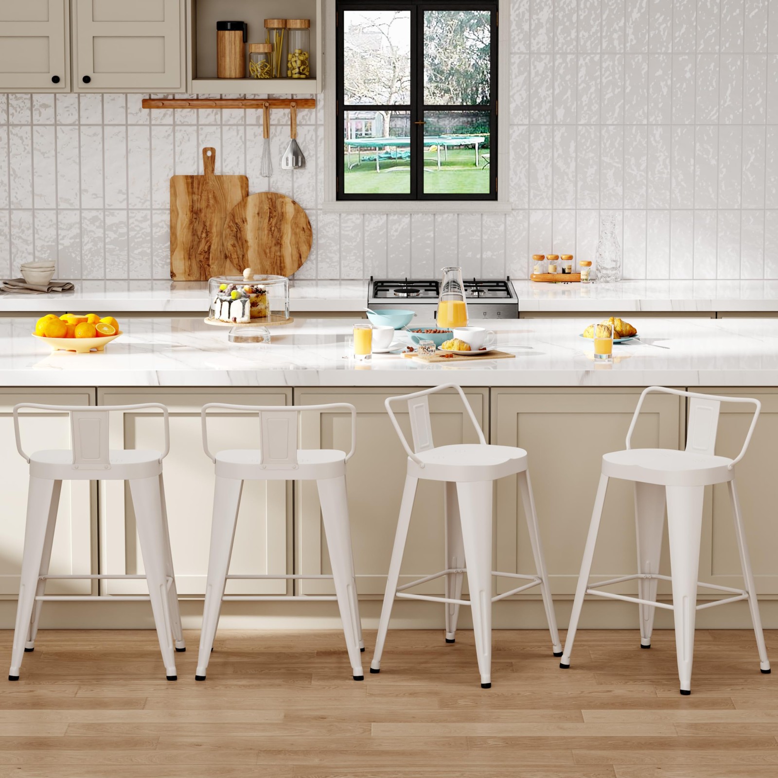 Metal Bar Stools Set of 4 26in Counter Ht Back Large Seat Farmhouse Off White