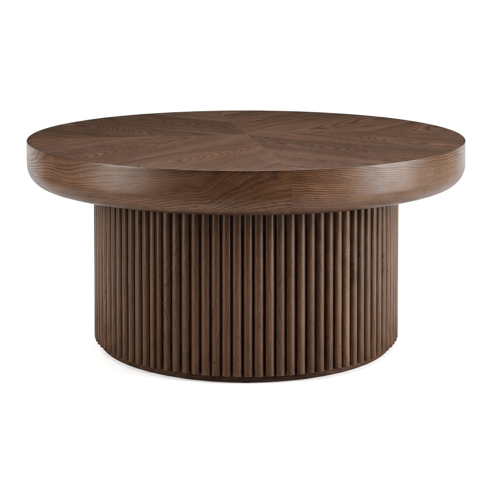 33.5″ Round Fluted Coffee Table, Wood Parquet Top Cylindrical Base, Walnut