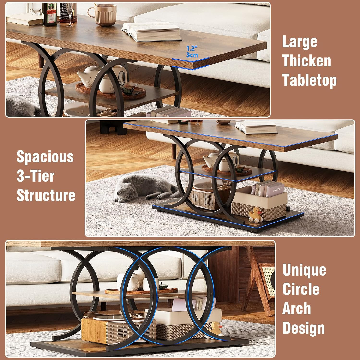 Rustic 3-Tier Coffee Table with Storage, Industrial Design for Living Room