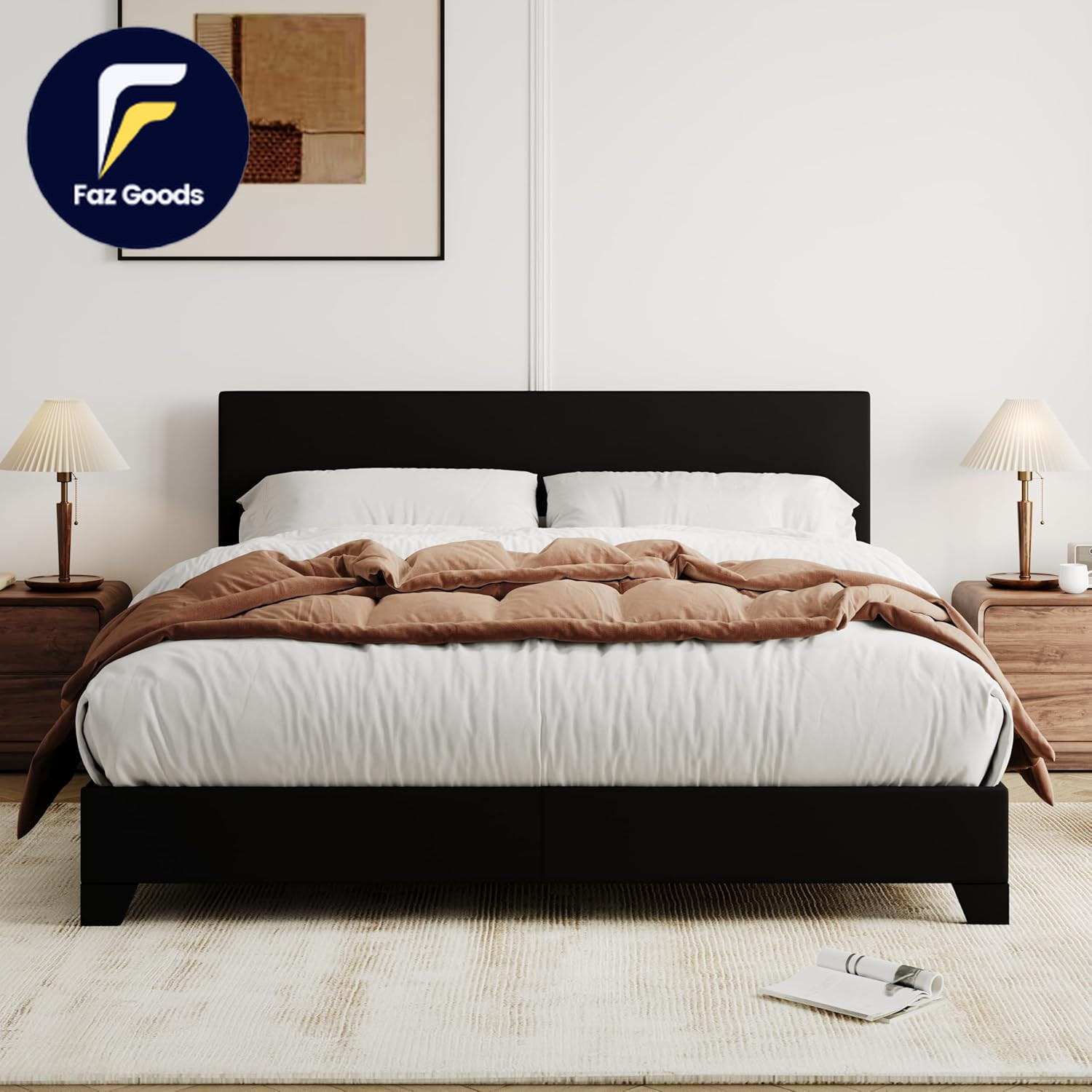 Queen Bed Frame with Adjustable Headboard Faux Leather Platform Bed with Wood S