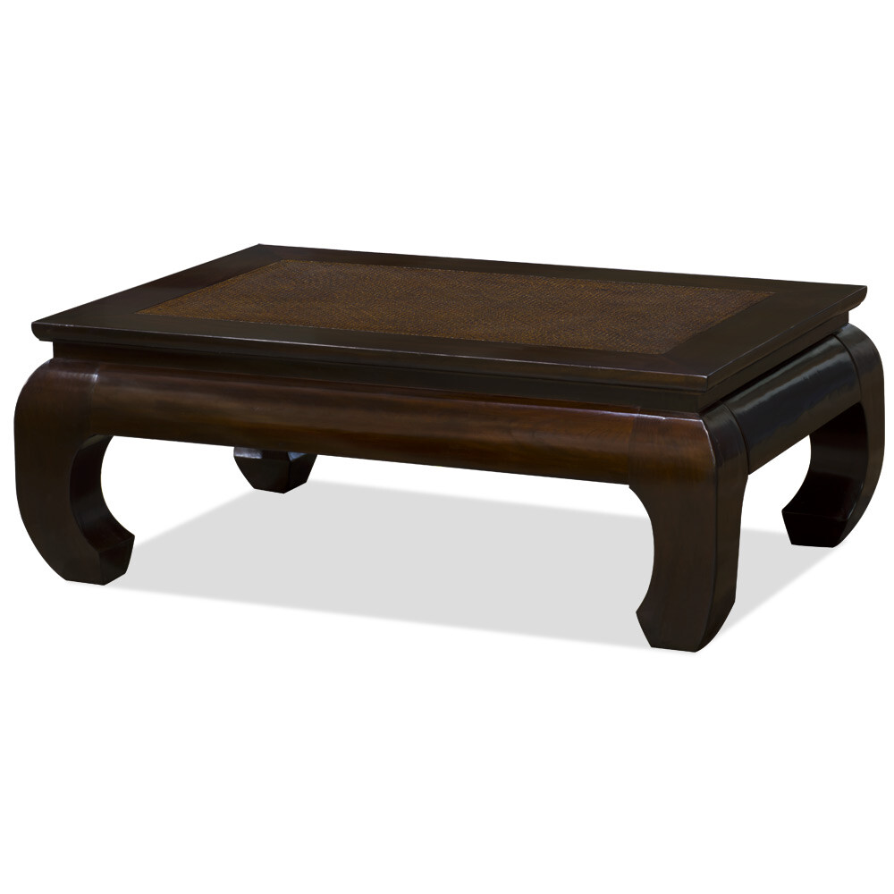 US SELLER – Vintage Dark Espresso Elmwood Rattan Chinese Ming Coffee Table