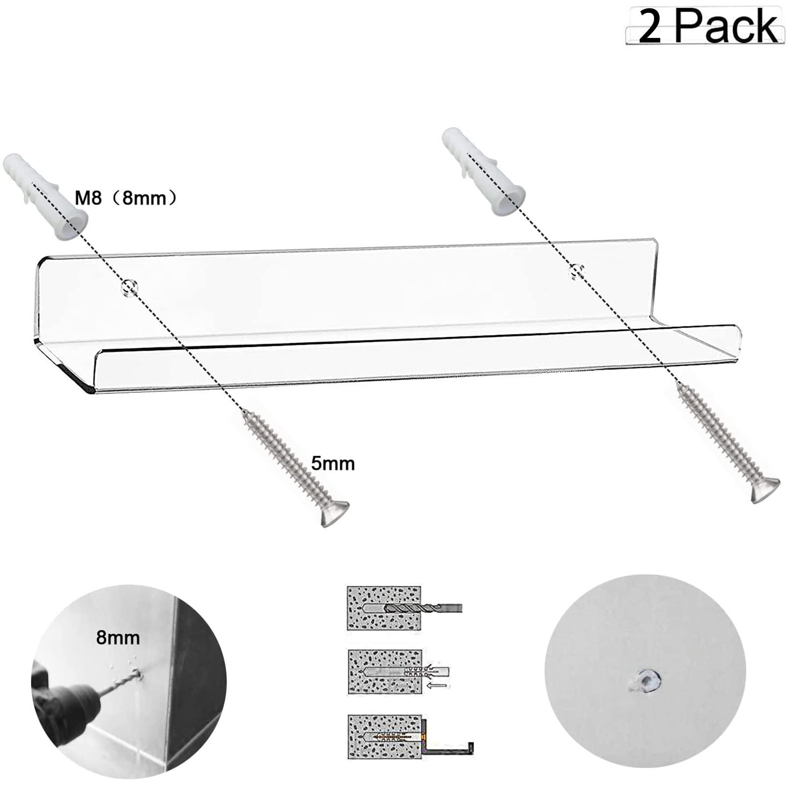 2 Pack Clear Acrylic Floating Shelves 15 Inch Wall Mounted Book Display
