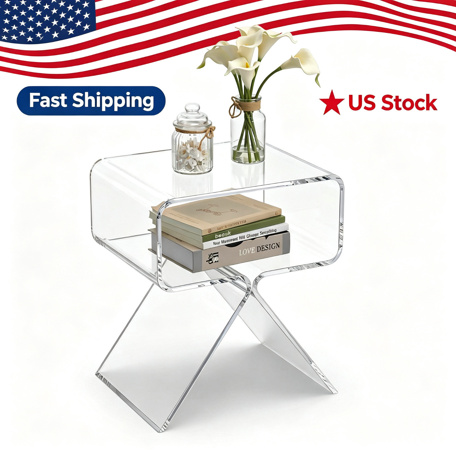 1PC Clear Acrylic Side Table Molding Unique Nightstand Short Bed Side One-Piece