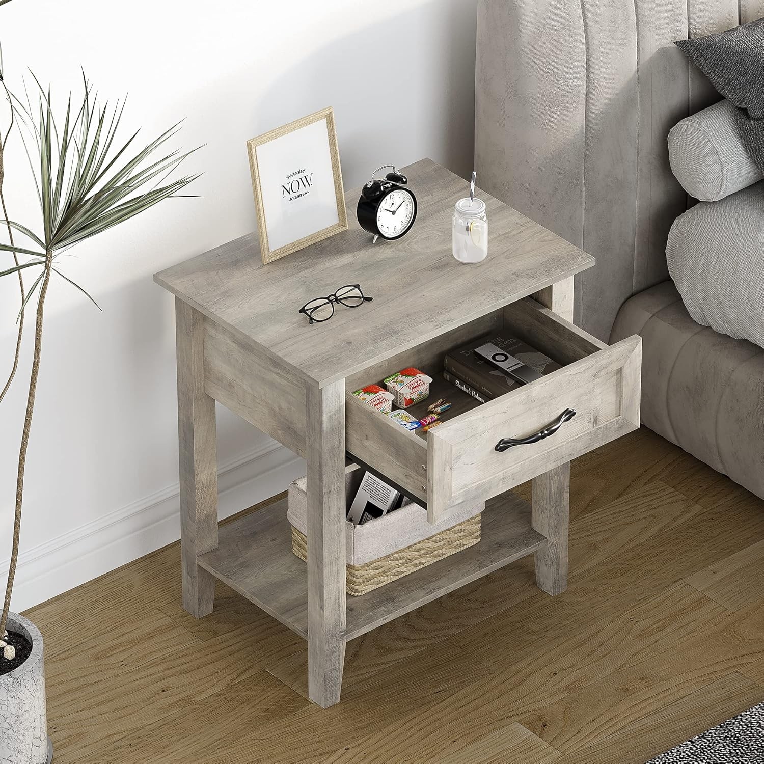 1PC Square Nightstand Bedside Table End Table Storage Drawer Easy Assembly Gray
