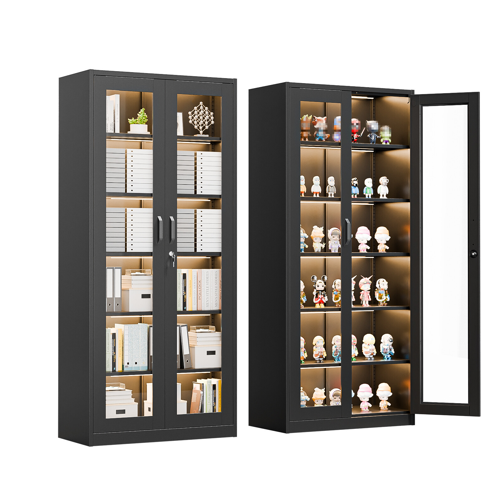 71″ Tall Lockable Display Cabinet Curio Cabinet Bookshelf with Glass Doors Black