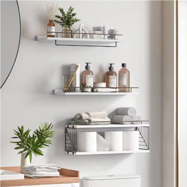 Fixwal 3+1 Tier Over Toilet Bathroom Shelve w/ Towel Bar Rustic Wall Decor White