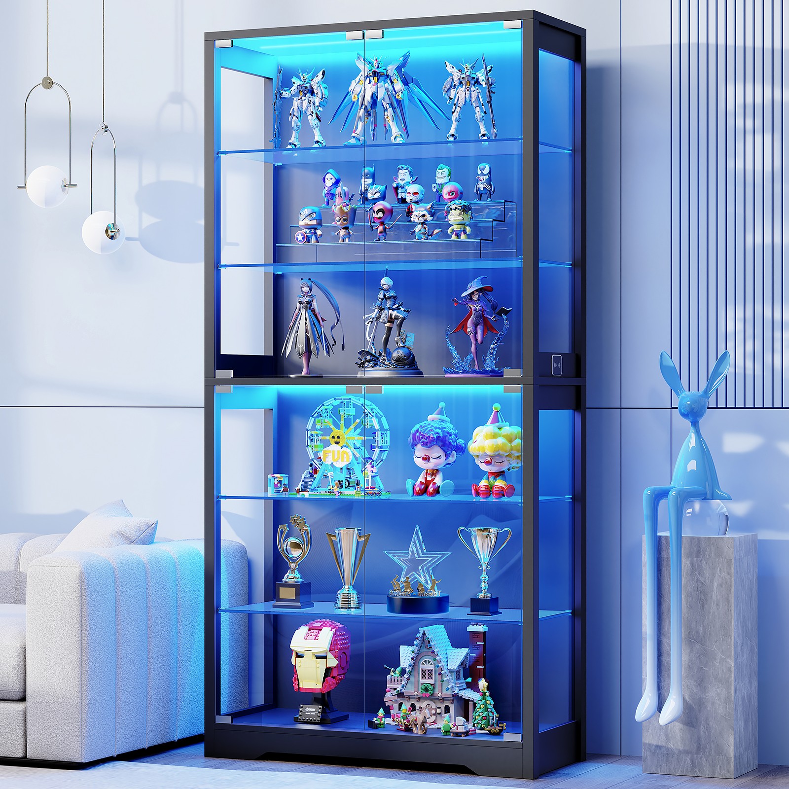 BROTTAR 6-Tier Adjustable Glass Display Cabinet with Doors & 3-Color LED Lights