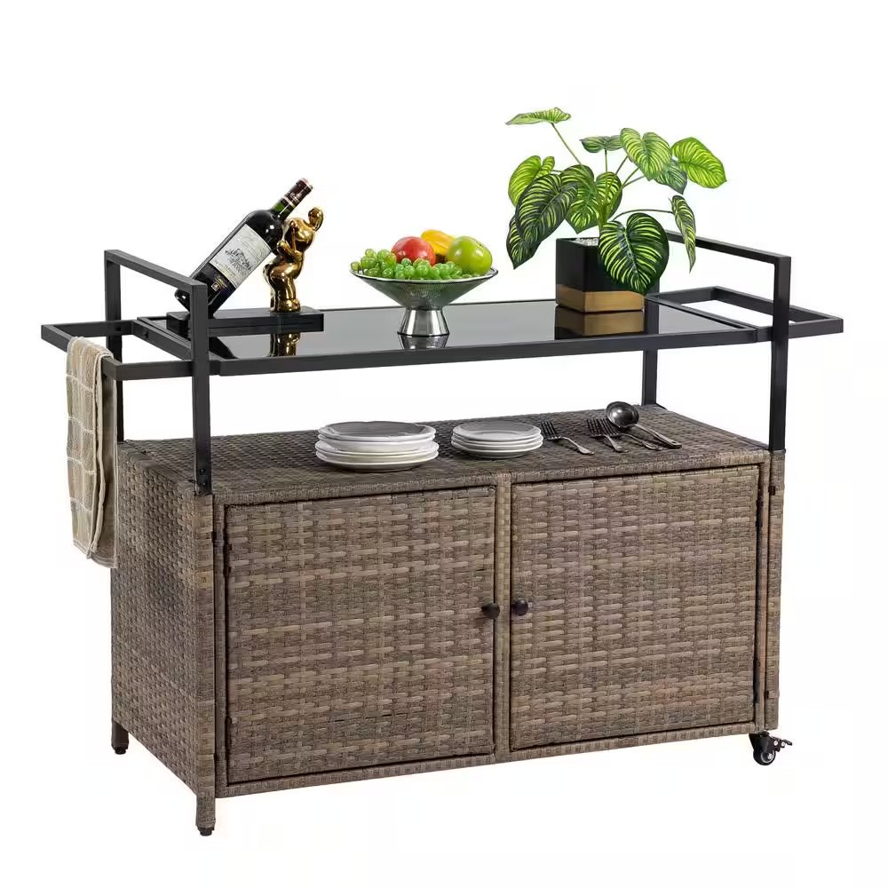 51 In. Brown Rolling Outdoor Wicker Grill Carts, Patio Wine Serving Cart with Wh