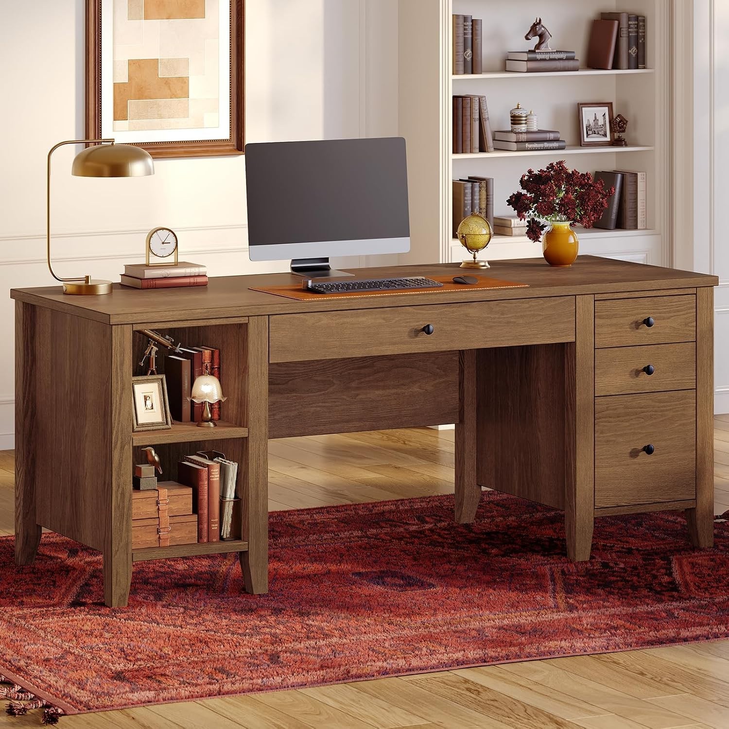 58.3″ Solid Pine Wood Computer Desk w/4 Drawers &Storage Shelves for Home Office