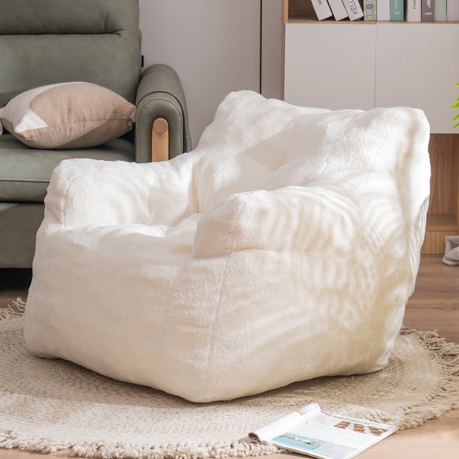 Teddy Fabric Tufted Foam Bean Bag Chair Ivory White 39.37″ x 37″