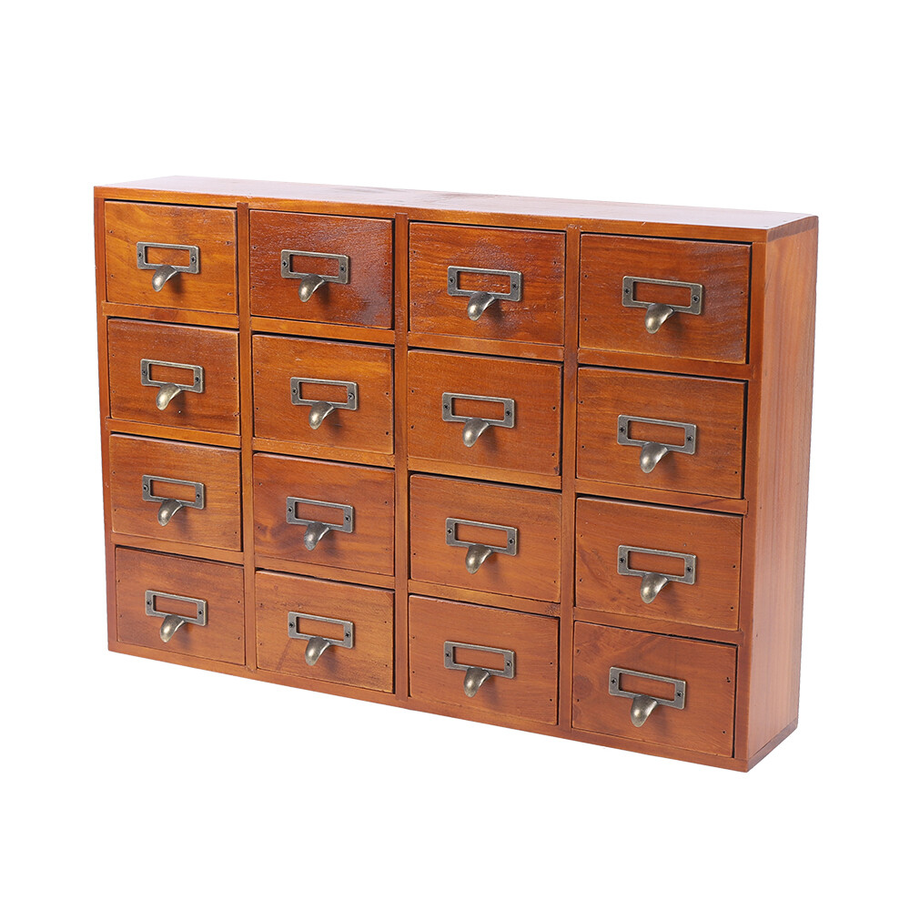 16-Drawers Wood Apothecary Medicine Cabinet Label Holder Card Catalog Vintage US