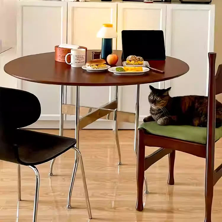 Solid Wood Dining table, Round, MCM, stainless steel legs, Real wood