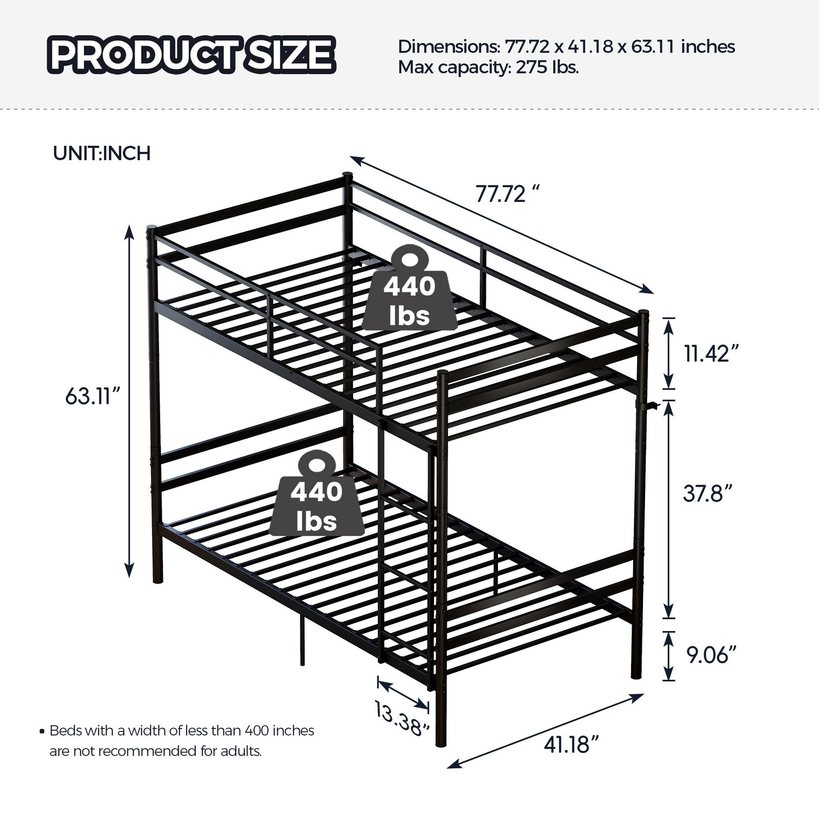 Heavy-Duty Twin Over Twin Metal Bunk Bed with Ladder & Safety Guard Rails 440lbs
