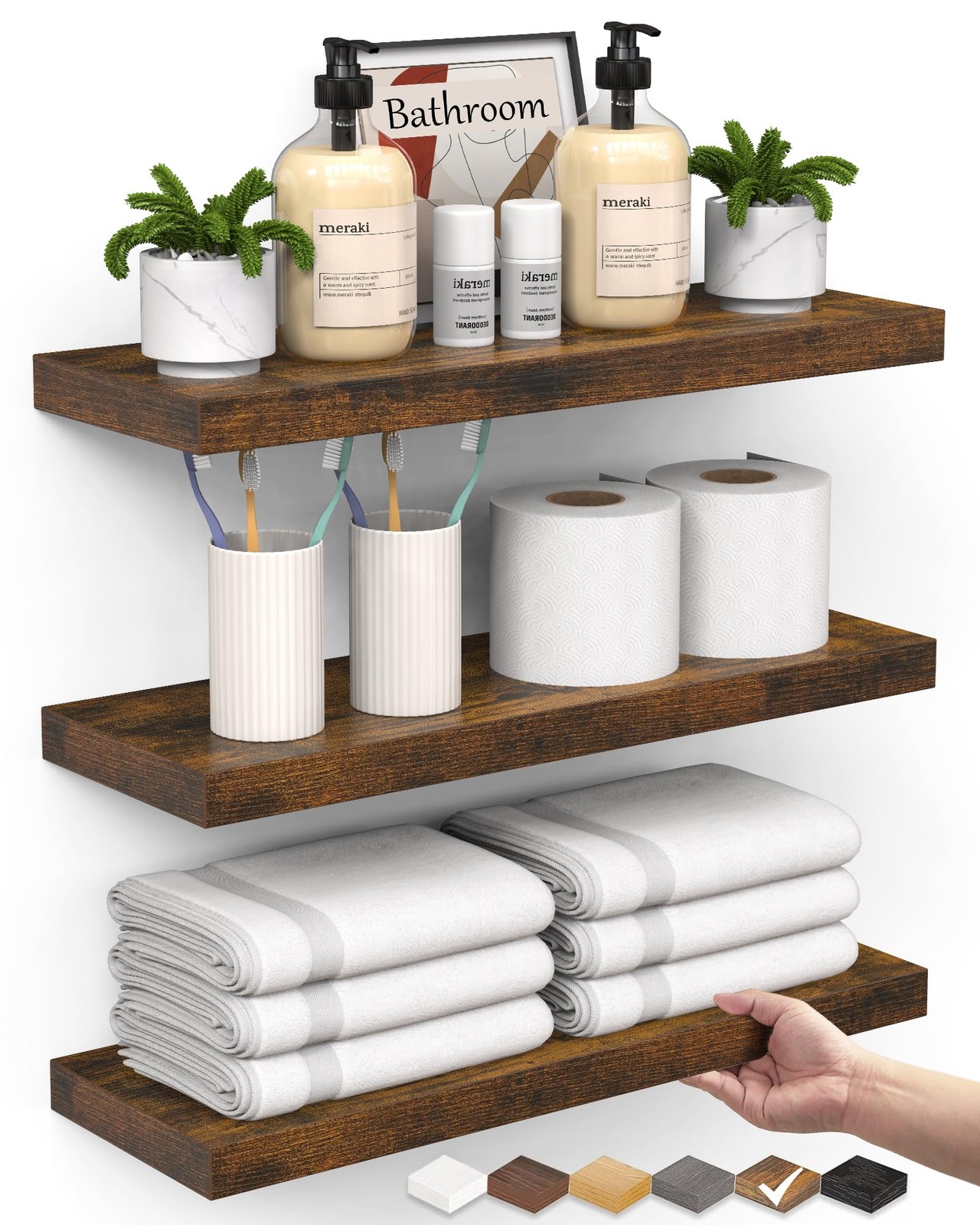 BAYKA Bathroom Floating Shelves for Wall Set of 3 – Rustic Brown Farmhouse Wo…