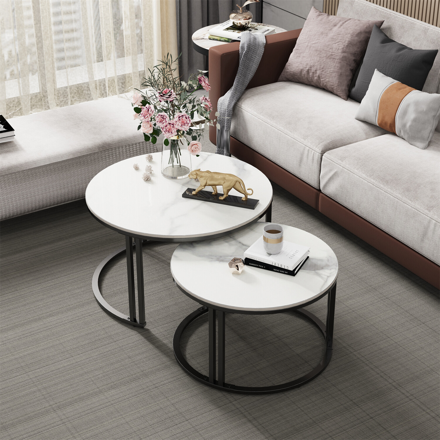 Real Marble Nesting Table Dark Gray White Top Heavy Metal Coffee Side End Table