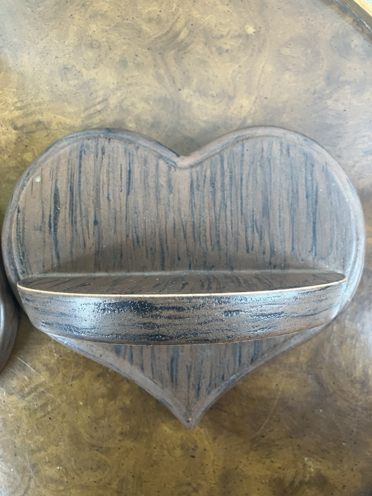 Vintage Pair of Heart Shaped Ceramic Wall Shelf Decor Wood Look Cottagecore