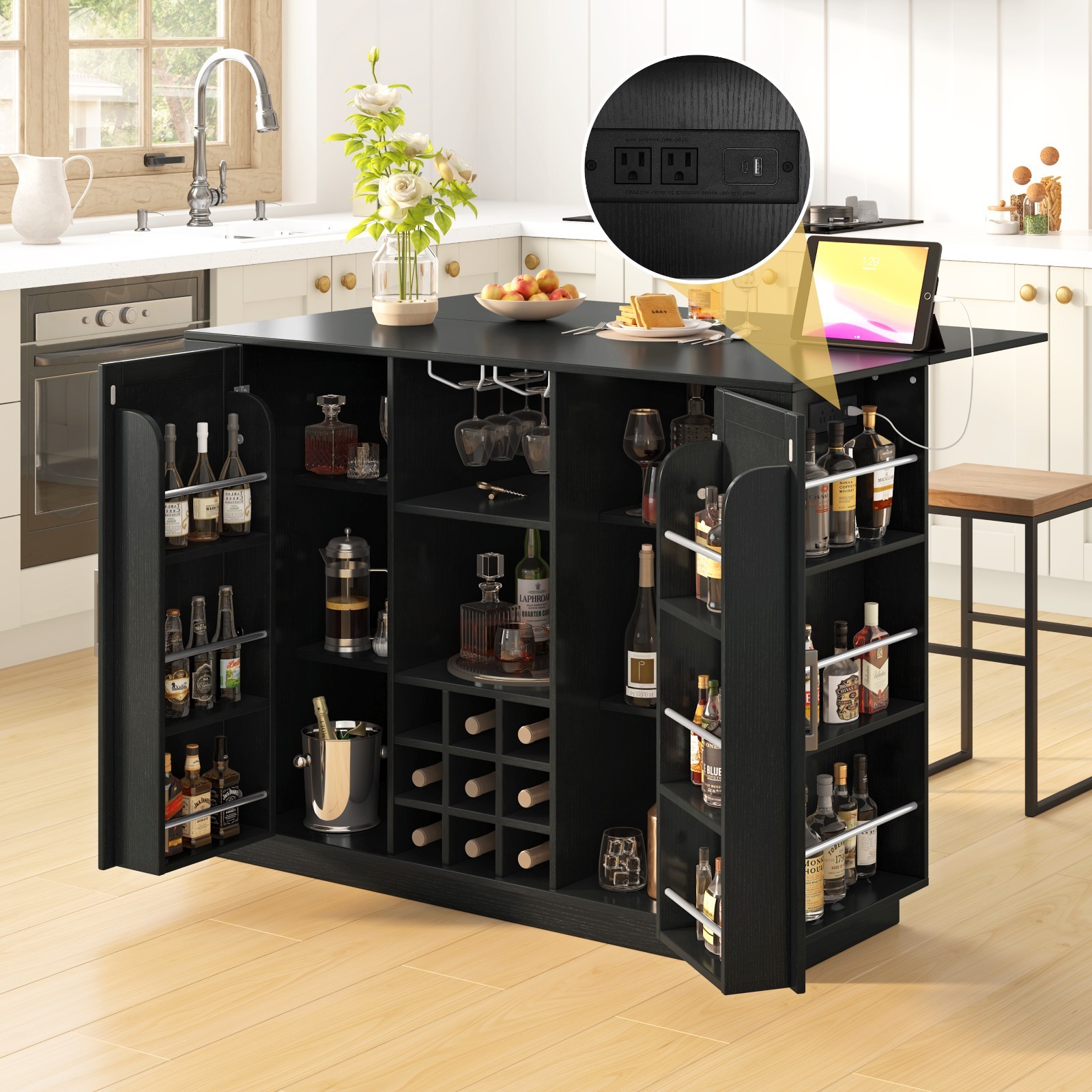 47.2″ Counter Height Table Sideboard Buffet Cabinet w/Foldable Top, Power Outlet