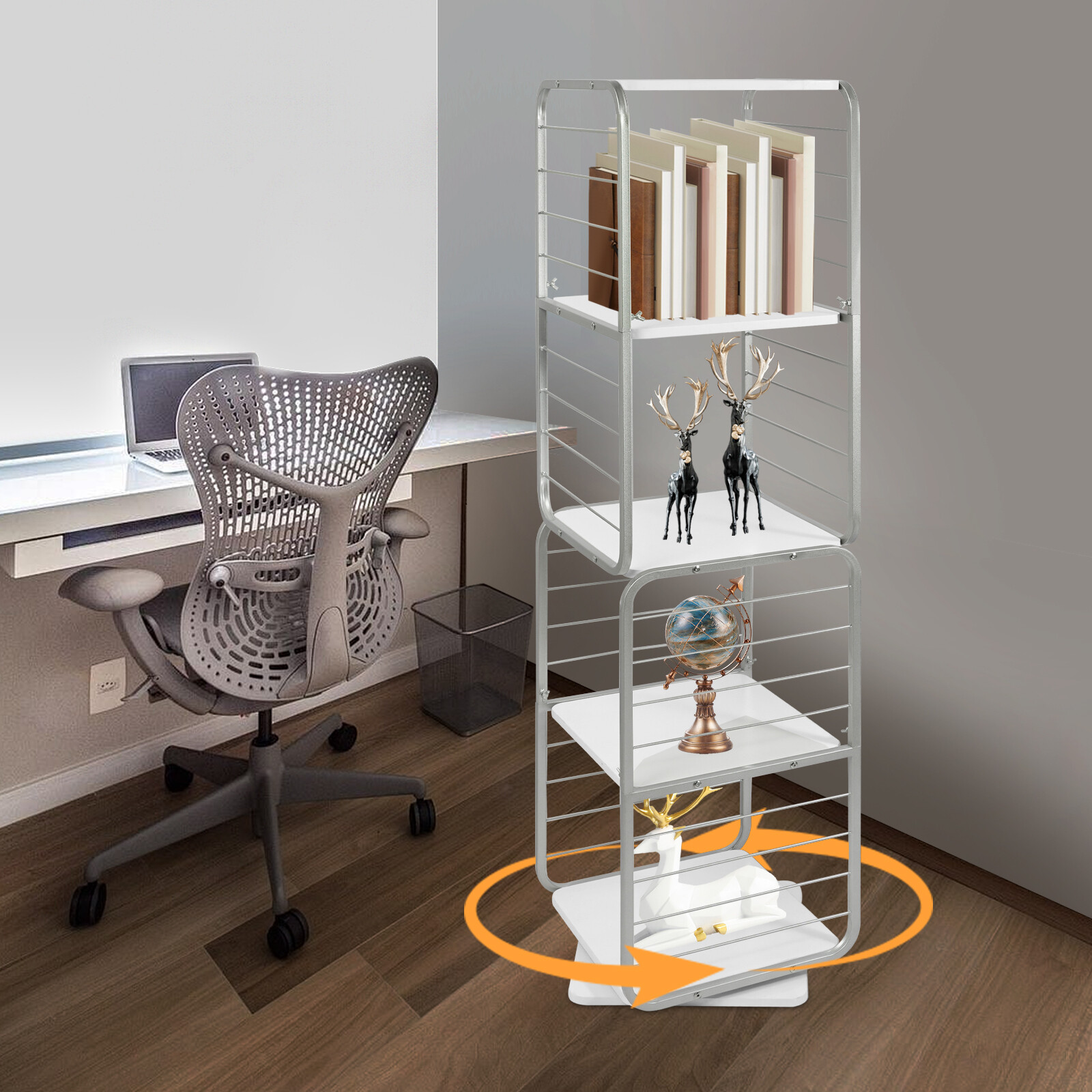 4-Tier 360° Rotating Bookshelf 16.9 × 16.9 × 62.2 in Grey