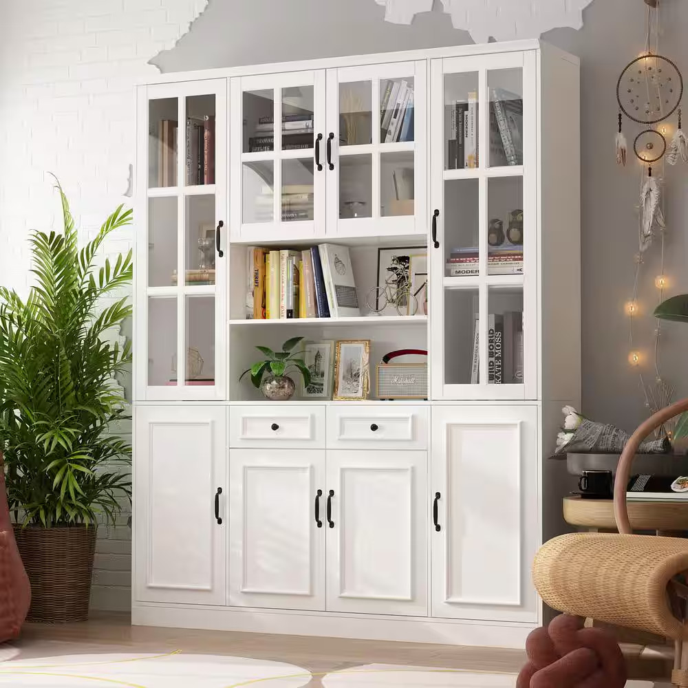 63 In. W X 15.7 In. D X 78.7 In. H White 12-Shelf Wood Standard Bookcase with Do