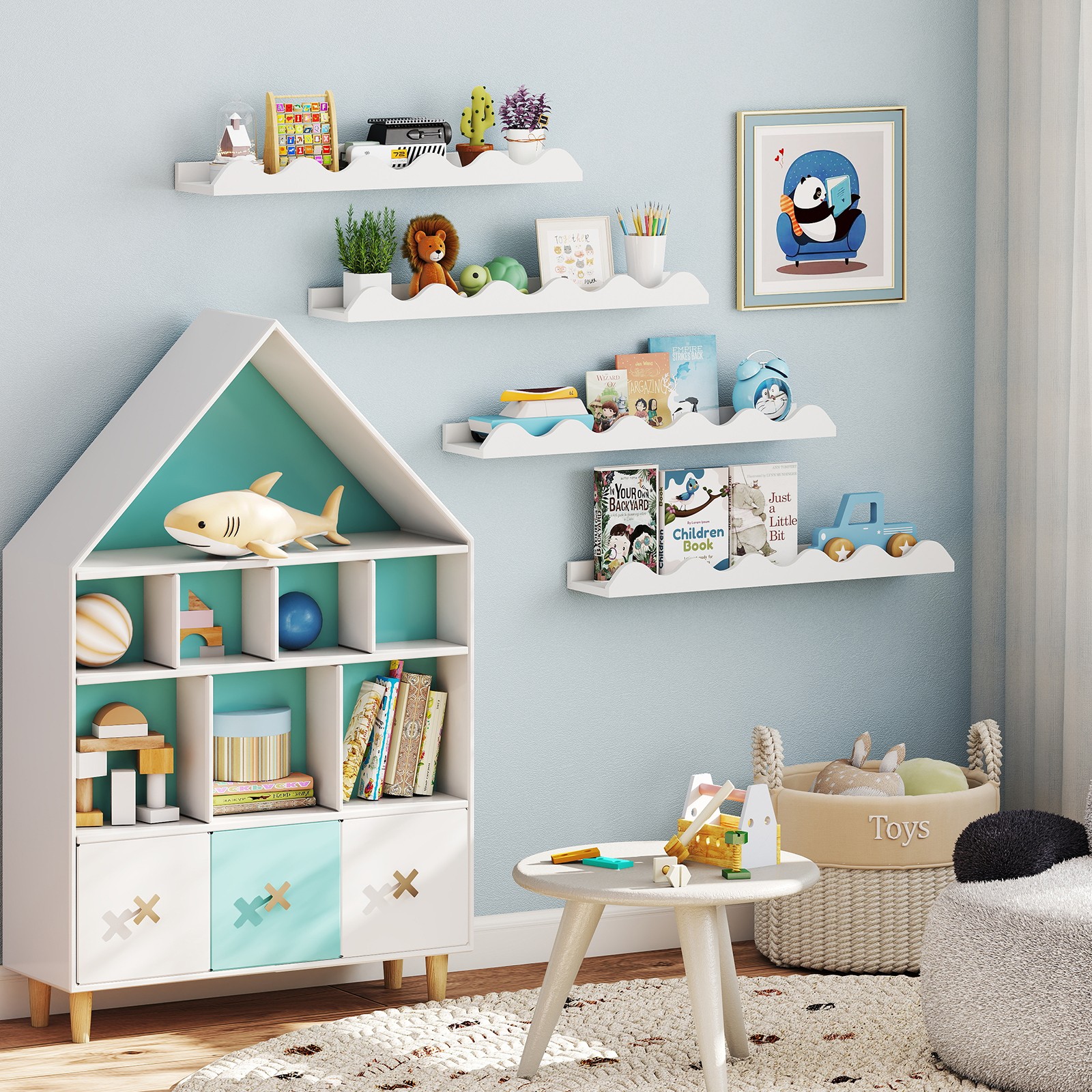 Kids Bookshelf Set of 4 with Fir Wood Structure & Wavy Anti-Falling Edge
