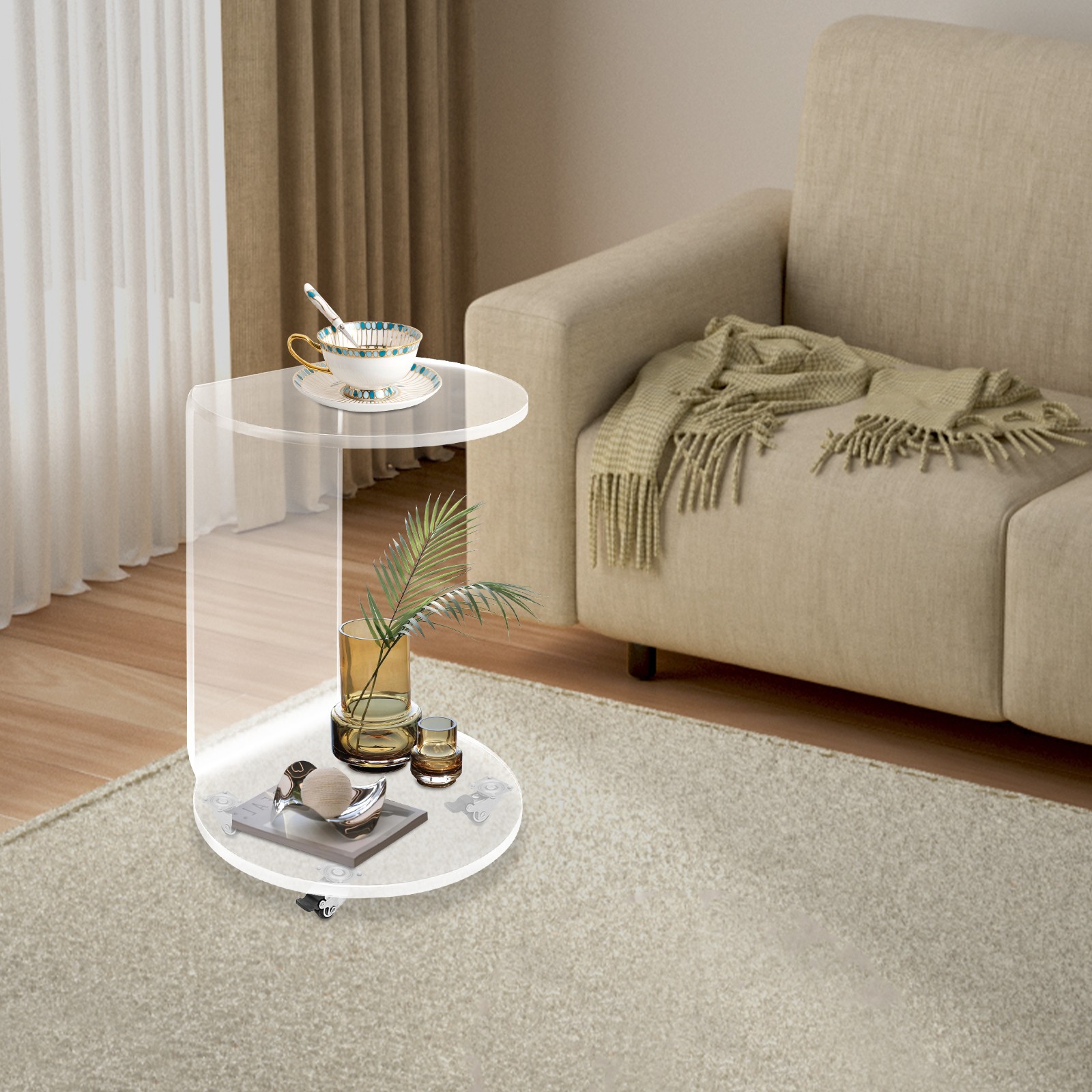 Acrylic Nightstand Side Table 2-Tier Clear Modern with 4 Wheels 66 lbs Capacity.