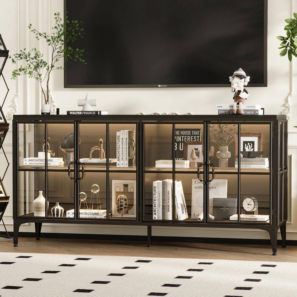 Black 31.5 In. H Wood and Metal Accent Cabinet, Sideboard, Bookcase with 4 Shelv