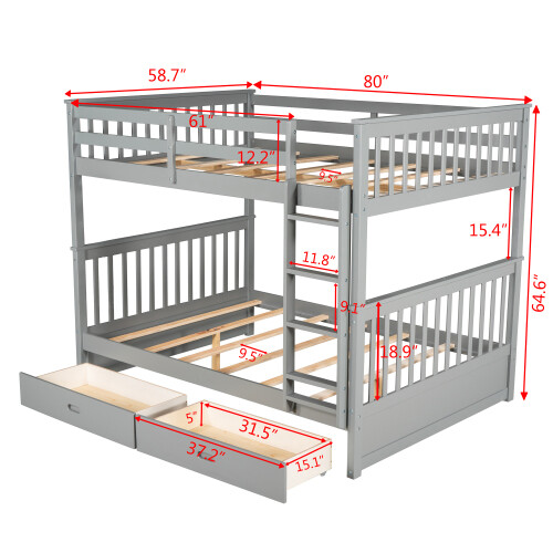 Full Over Full Bunk Bed W/ Storage Drawers Wood Platform Beds Bedroom Furniture